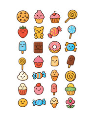 dessert collection, candy collection, sweet treats, dessert set, candy set, sugary snacks, chocolate candy, colorful sweets, bakery desserts, cake and pastry set, lollipop illustration, gummy candy ve