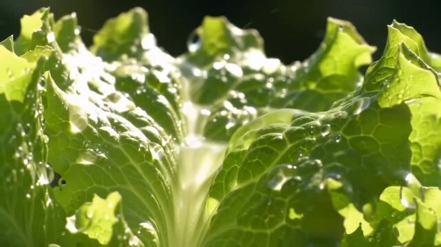 Fresh green lettuce leaves glistening with morning dew, illuminated by soft sunlight that highlights the crisp texture and vibrant natural freshness of the plant.