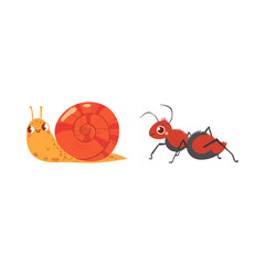 Cute cartoon snail and ant characters isolated on a white background, representing friendship and teamwork