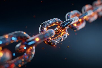 Glowing digital chain link with sparkling particles on dark background