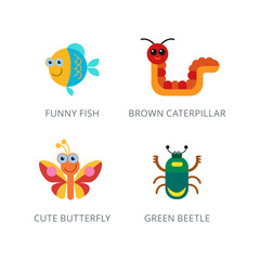 Cute Cartoon Insects and Fish Collection - Funny Fish, Brown Caterpillar, Butterfly, and Green Beetle Illustrations