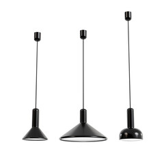 Naklejka premium black pendant lights in various modern shapes. Ideal 3D rendering for interior design, home decor, kitchen, or office lighting concepts.