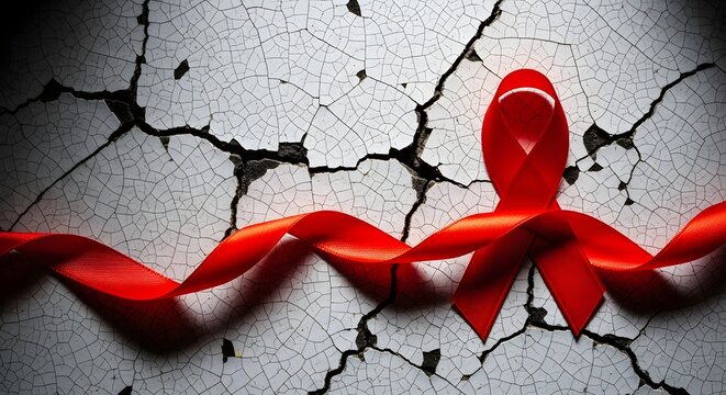 Show your support and raise awareness with a vibrant red ribbon against a distressed background for a powerful impact in campaigns and visuals
