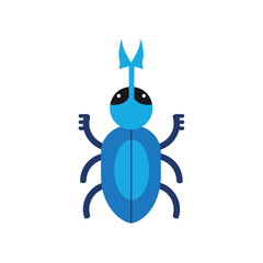 A simple flat design illustration of a blue beetle with a white background in a cartoonish style