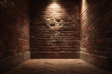 Dramatic brick wall interior with warm spotlight and copyspace