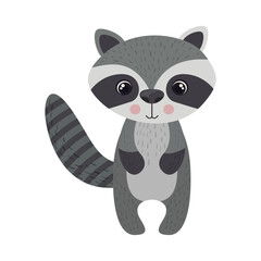 Cute Cartoon Raccoon Illustration - Adorable Bandit Mammal with Masked Face and Striped Tail