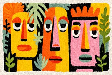 Vibrant abstract faces with tropical foliage in bold colors
