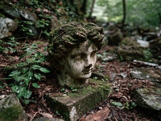 Moss-covered stone sculpture head in serene forest setting