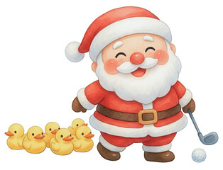 Santa in joyful holiday golf scene with rubber duck toys and club creating playful festive cheer