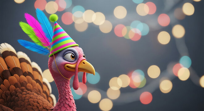 Image of a festive turkey with a party hat and colorful feathers, symbolizing celebration, joy, and whimsical spirit for holiday or party themes