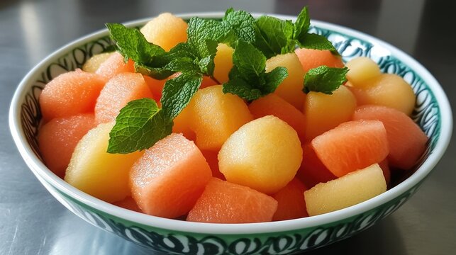 A beautifully arranged bowl of mixed melon and mint, showcasing vibrant colors and freshness