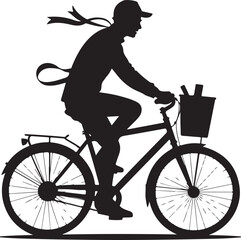 Silhouette of a person riding a bicycle with a basket and flowing scarf