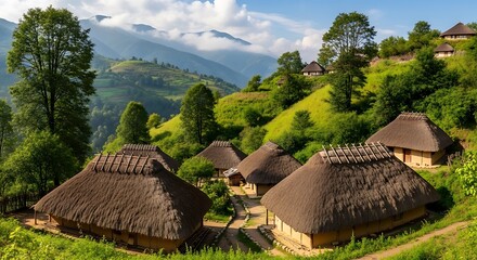 A panoramic view of an ancient settlement with thatched-roof houses nestled on a verdant hillside in the mountains