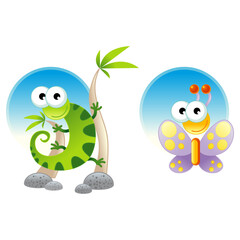 Naklejka premium Chameleon and Butterfly Cartoon Characters in Playful Nature Scene with Colorful Background