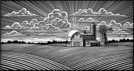 Detailed farm landscape created with bold engraving lines. Dramatic sky adds strong expressive mood. Deep textures form vintage and artistic scene