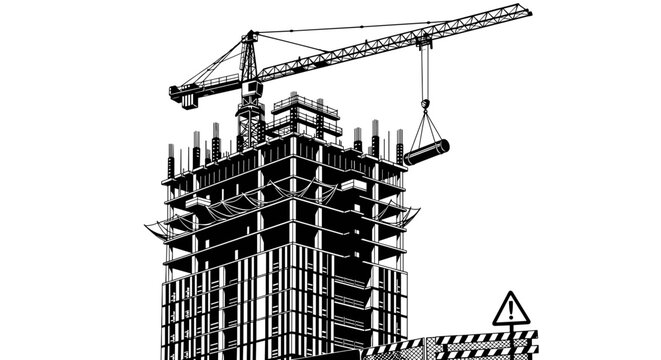 Dynamic black and white construction site with crane lifting steel on modern building project for architecture firms