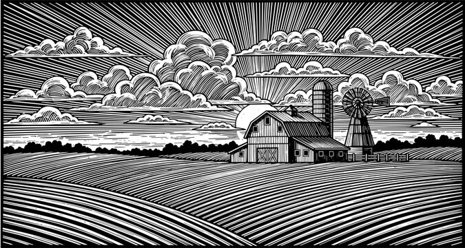 Detailed farm landscape created with bold engraving lines. Dramatic sky adds strong expressive mood. Deep textures form vintage and artistic scene