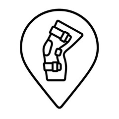 Minimal black tilted joint brace symbol within medical shield marker, fine-outline vector, no shading, perfect for recovery tracking and physical support interfaces.