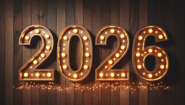 The year 2026 spelled out in marquee lights on a rustic wooden background