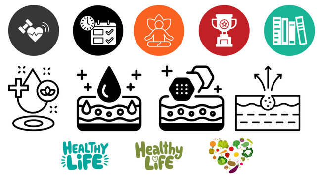 Holistic wellness icons representing fitness, beauty, health, mindfulness, and healthy eating