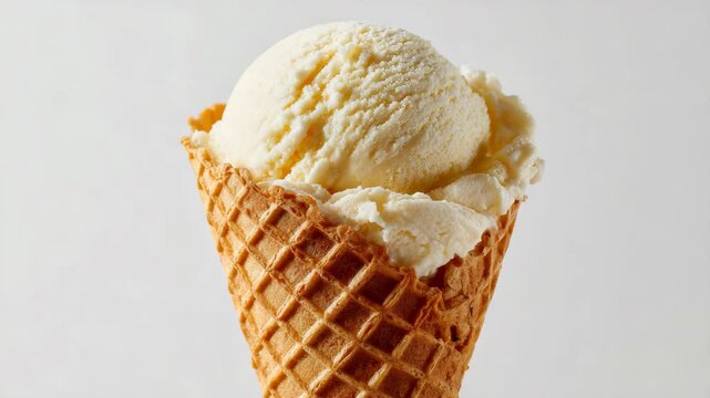 Vanilla ice cream scoop in a waffle cone against white background