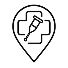 Minimal black tilted walking crutch symbol within health marker, fine-outline vector, no shading, perfect for injury recovery and mobility support dashboards.