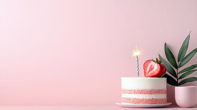 A small, layered birthday cake topped with a strawberry and a lit sparkler, set against a soft pink backdrop with a green plant.