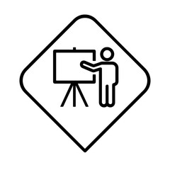 Minimal black tilted presenter symbol next to board within diamond marker, fine-outline vector, no shading, perfect for professional briefing and corporate planning dashboards. © VectorGomes