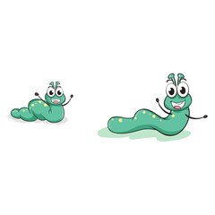 A charming illustration of two happy green cartoon caterpillar friends, one big and one small