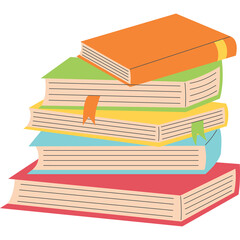 Stack of colorful open books with orange green yellow and blue covers on a white background with ribbon bookmarks symbolizing education and knowledge
