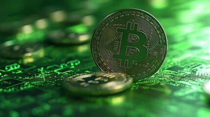 Stunning golden Bitcoin coin glowing on a vibrant green circuit board, symbolizing digital currency future and blockchain technology.