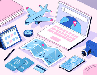 Travel planning illustration. Workspace with vacation preparation stuff. Trip booking , online tour reservation, itinerary organization, tickets buying concept. Outline isometric vector.
