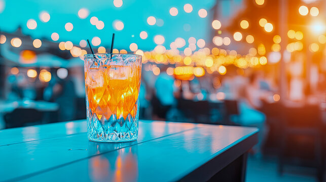 Vibrant orange cocktail in textured glass on reflective blue table, beautifully contrasted against shimmering bokeh backdrop of warm string lights, evoking relaxed evening ambiance at modern outdoor b