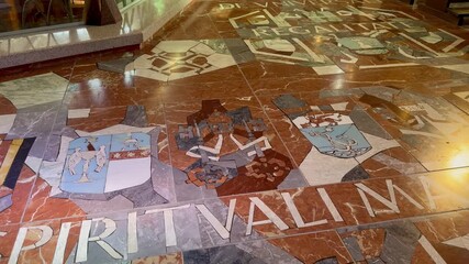 Israel, November 18, 2025 — Second-floor painted ceiling of the Church of the Annunciation with stained glass, site where Gabriel announced Jesus’ birth.