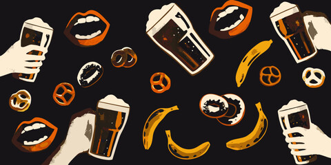 Funky beer and snack pattern with hands lips bananas and pretzels on black