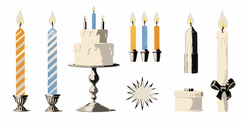 Celebration elements birthday cake candles and party decorations on white background