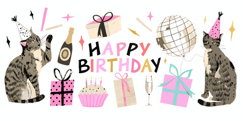 Whimsical happy birthday celebration with cats gifts and party elements