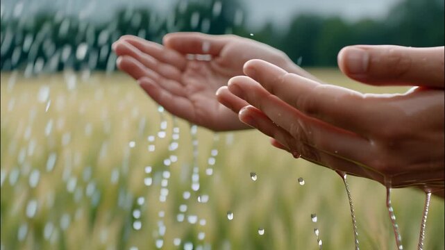 Farmer cupping rainwater in wheat field, highlighting agricultural sustainability and deep with environment natural connection video 4k