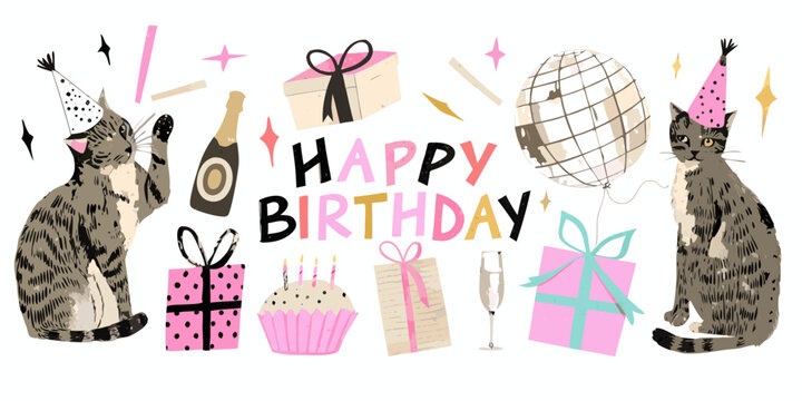 Whimsical happy birthday celebration with cats gifts and party elements