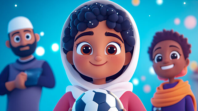 Joyful animated girl in hijab holds soccer ball, smiling with diverse friends and family in vibrant, blurred background of playful lights, embodying community and sports.
