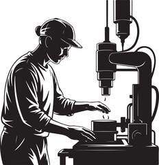 Silhouette of a craftsman operating a drilling machine in a workshop