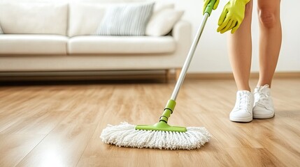 Young woman mops parquet floor in living room, embracing cleanliness with casual style at home