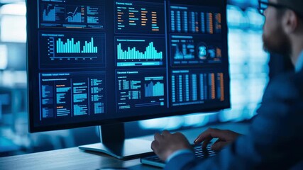 Data analyst computer monitor dashboard analytics statistics charts graphs for business finance data analysis reports in office technology workstation - Powered by Adobe