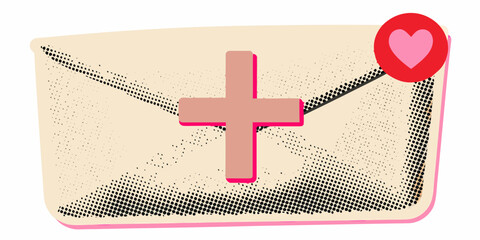 Retro style email with heart notification and plus sign icon