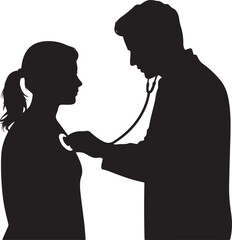 Doctor silhouette examining a child with a stethoscope on white background