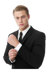 Confident young businessman in formal suit adjusting watch on wrist, professional attire, serious expression, modern studio background, business