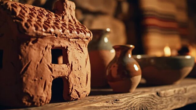 Handmade Clay House - A close-up shot of a handmade clay house with miniature windows and a door. Behind the house are several pottery pieces on a rustic wooden surface, providing a warm and inviting