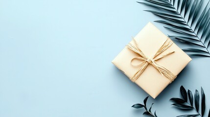 A square gift box wrapped in plain brown paper and tied with a natural twine bow sits on a light blue surface, accented by dark green tropical leaves.