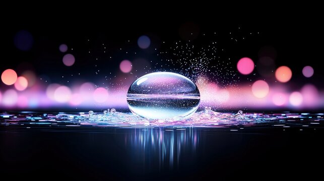 A clear sphere with a liquid interior is surrounded by water splashes and illuminated by colorful bokeh lights against a dark background.