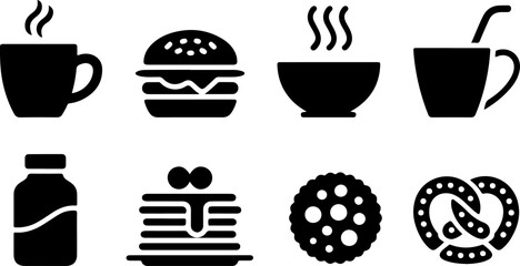 Black and white silhouette of common food and drink items including coffee, burger, bowl, pancake, pretzel and milk bottle